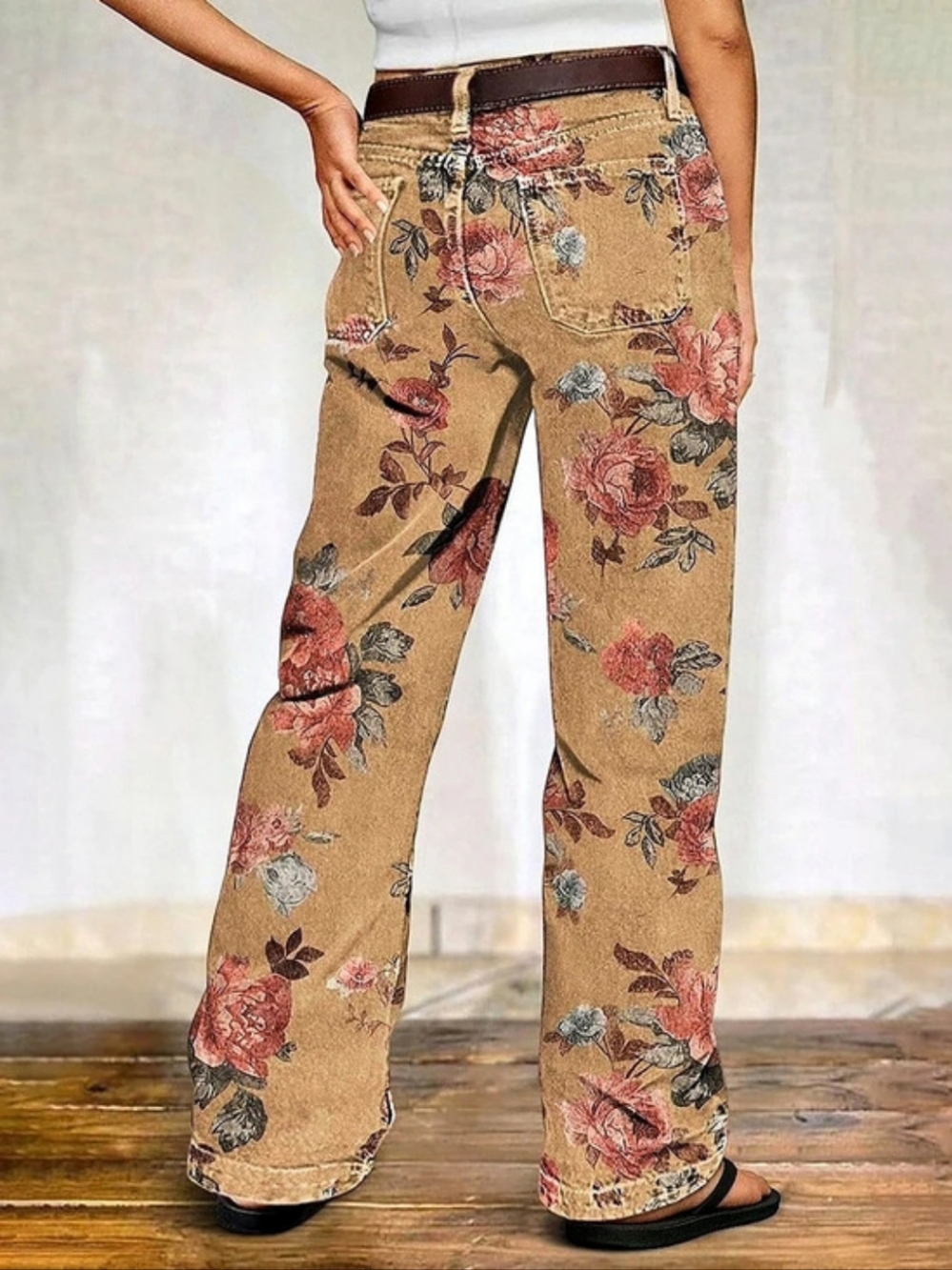 Flamingals Floral Wide Leg Pants in Brown & RedNWT - Picture 5 of 5